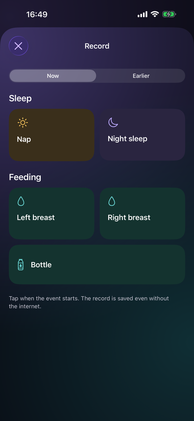The record menu: nap and night sleep, left and right breast, bottle