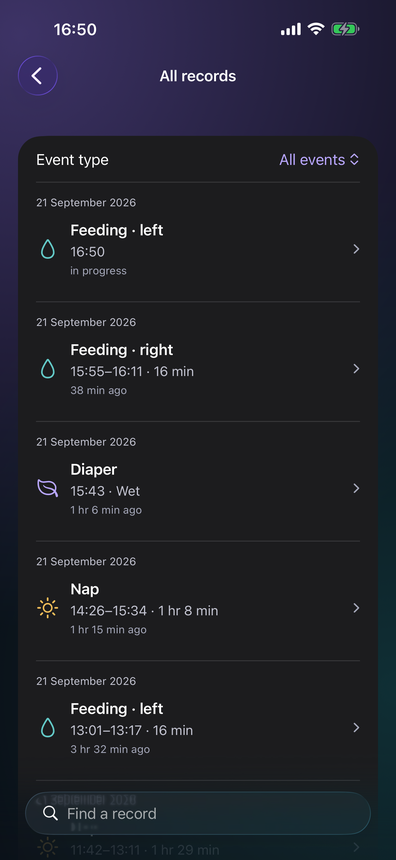 All entries in one list with search and a filter by event type