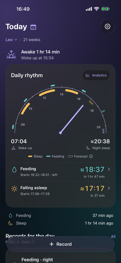 Rytmi home screen: the day as one arc, with the next nap and feed estimates